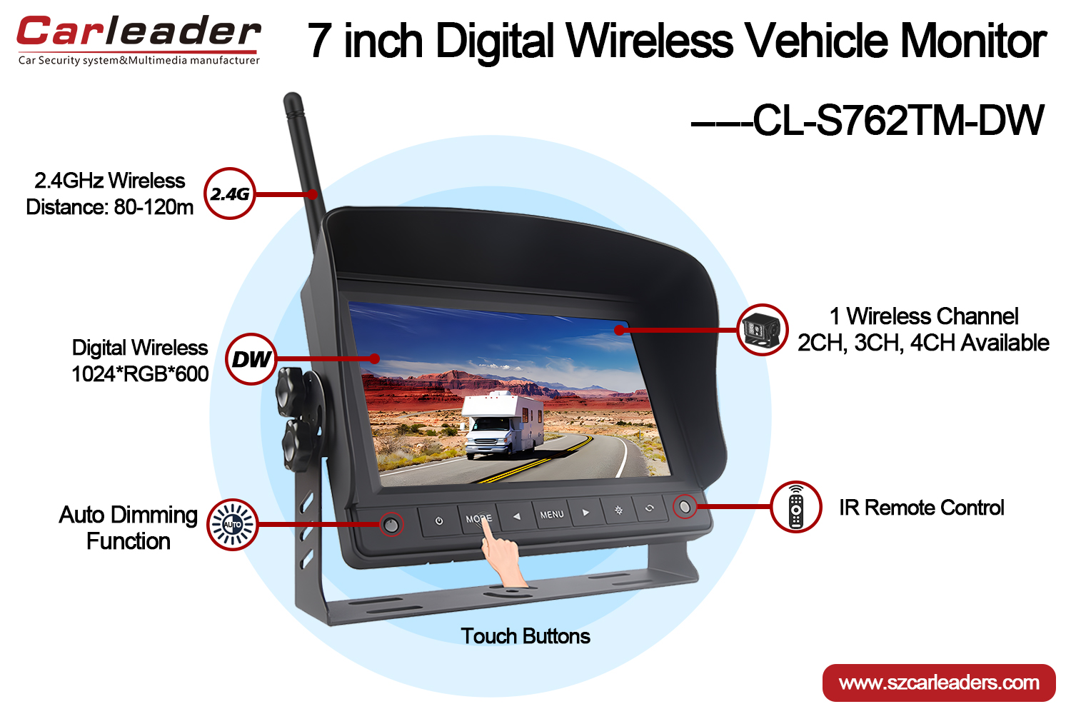 Monitor Kereta Tanpa Wayar Digital 7 Inci