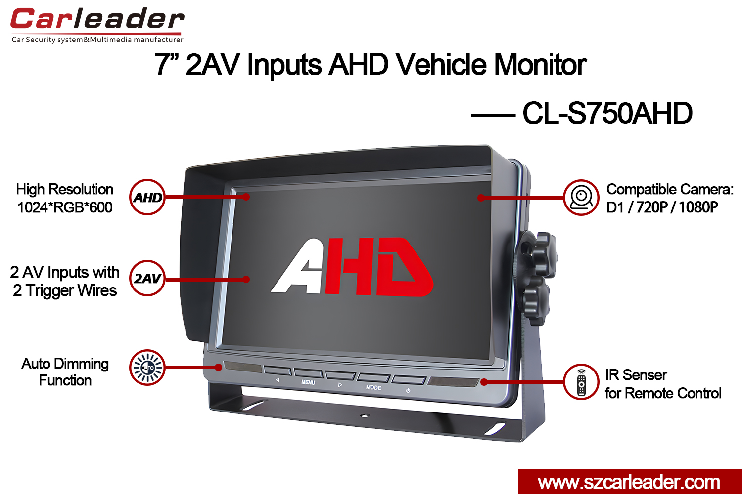 Monitor AHD Pandangan Belakang Kereta TFT LCD 7 inci