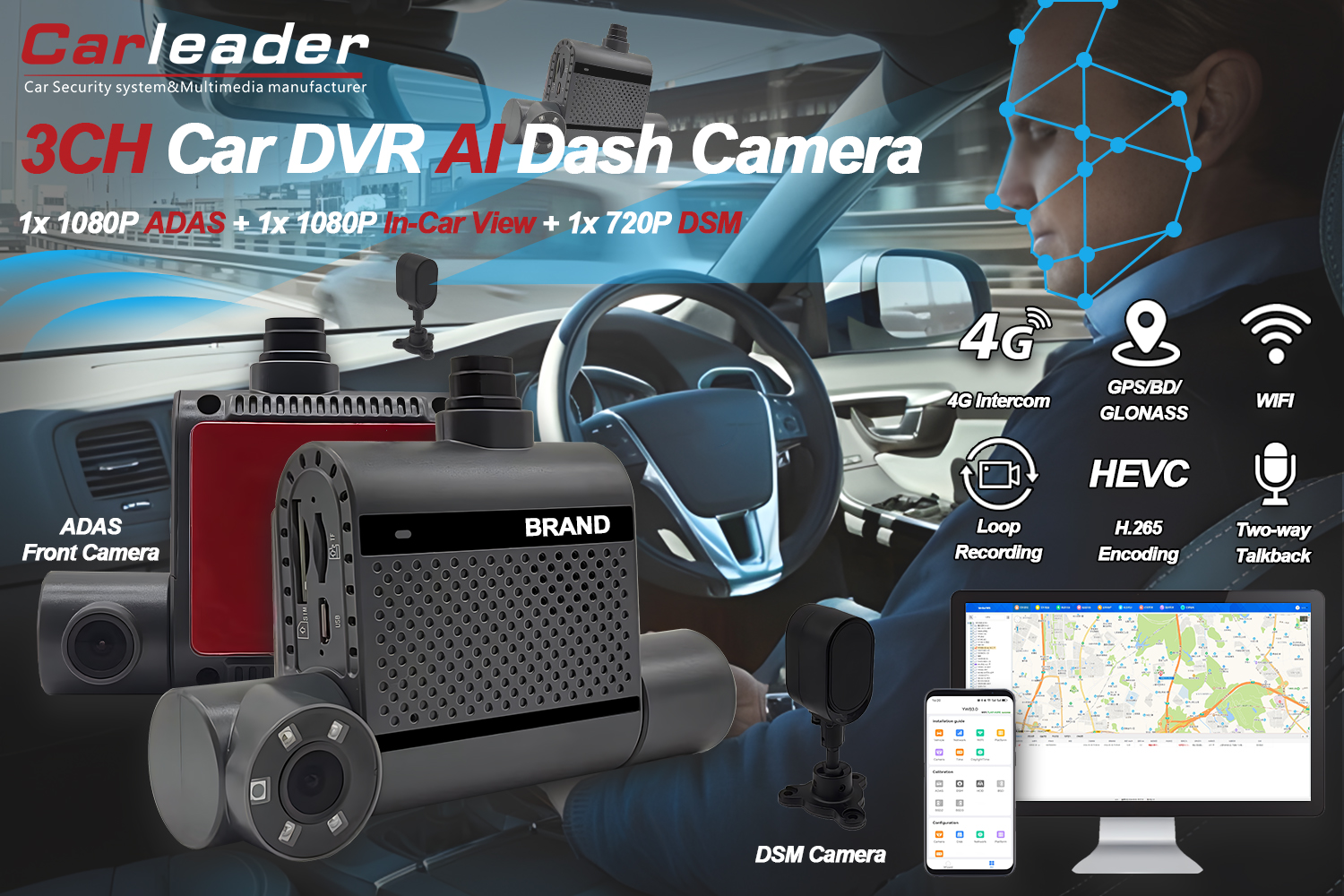4G Dual AI Dash Camera dengan ADAS dan DSM