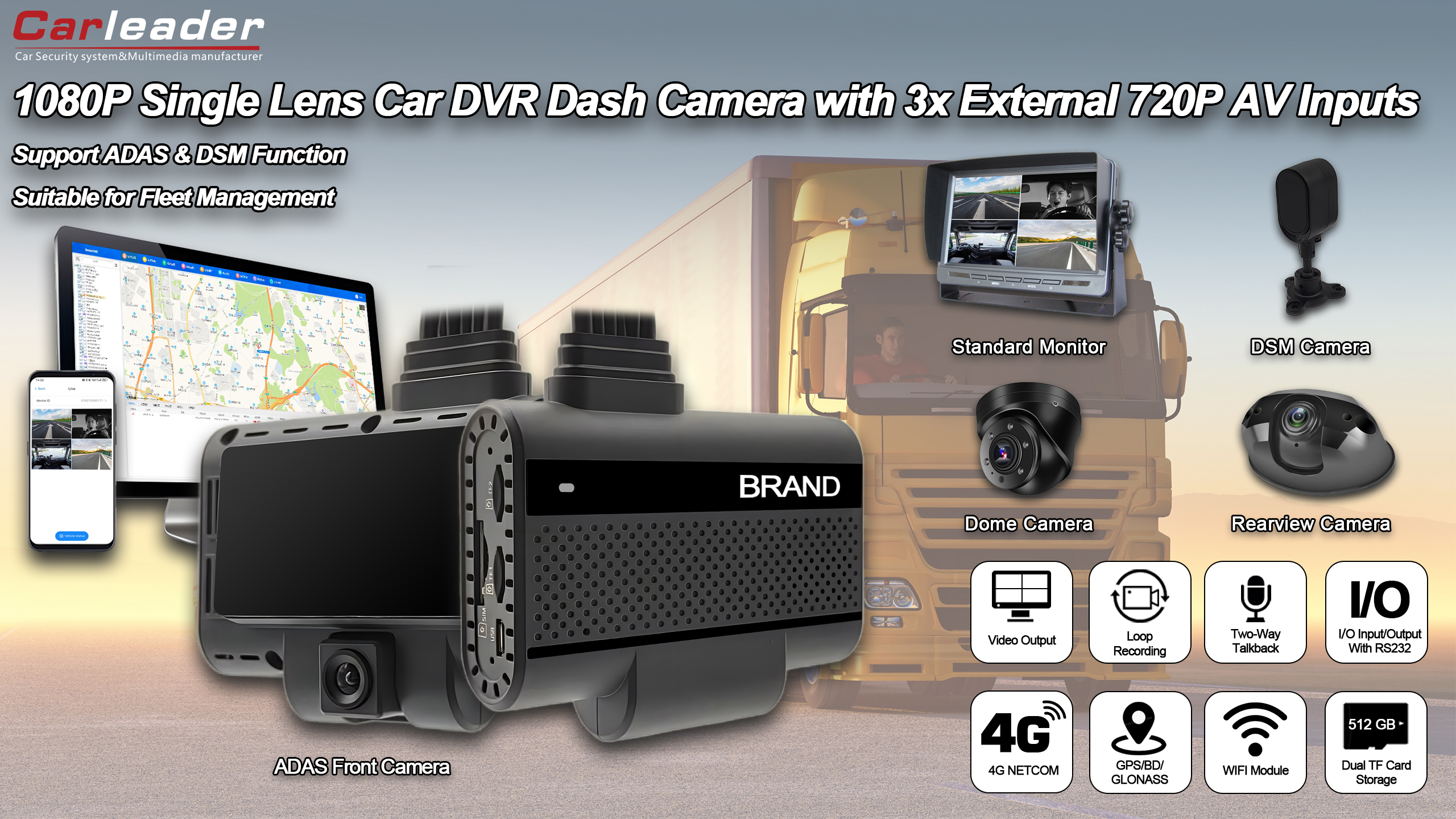 Carleader 4CH DVR AI Dash Camera System untuk Pengurusan Fleet