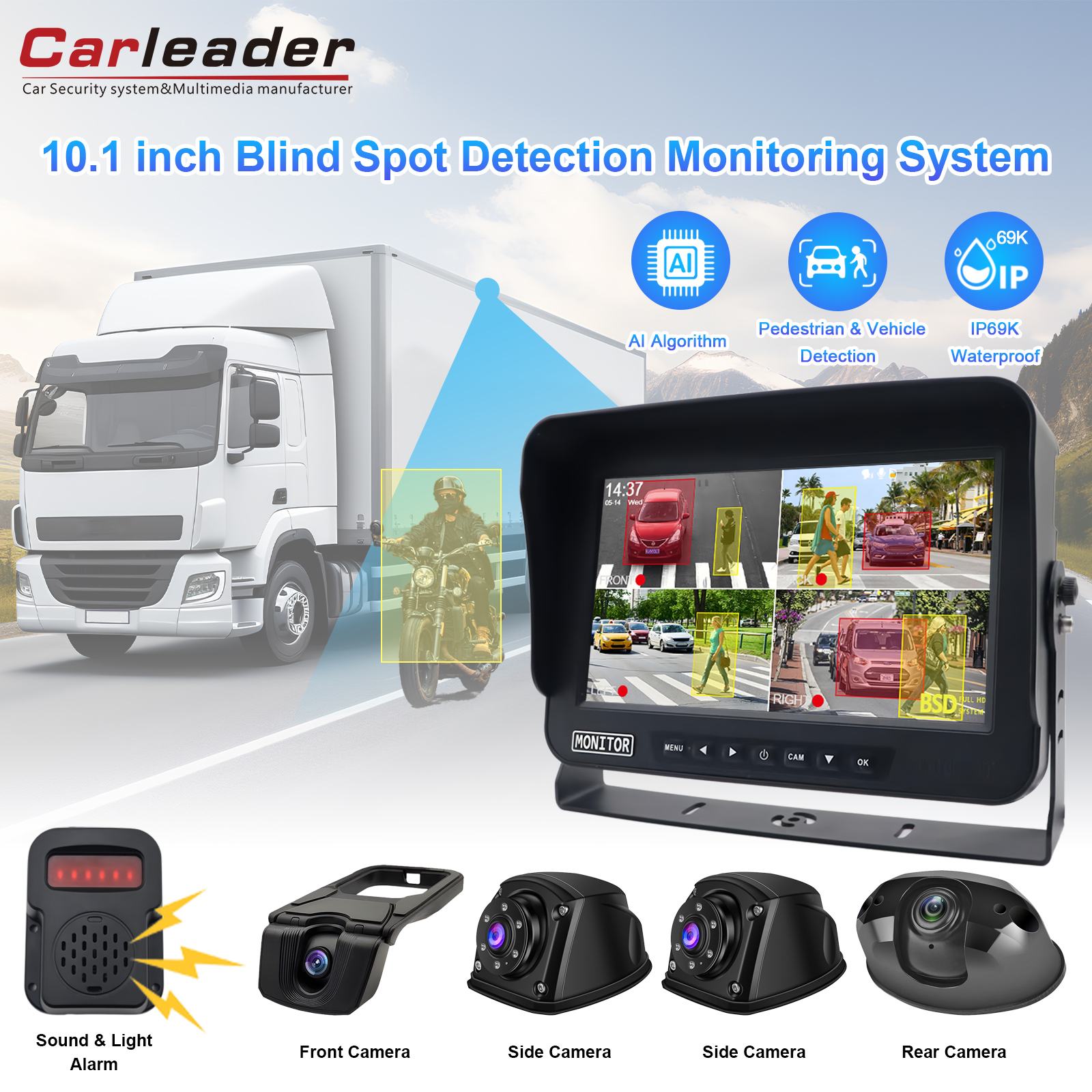 Sistem kamera trak kenderaan 7 / 10.1 inci 4ch AI BSD