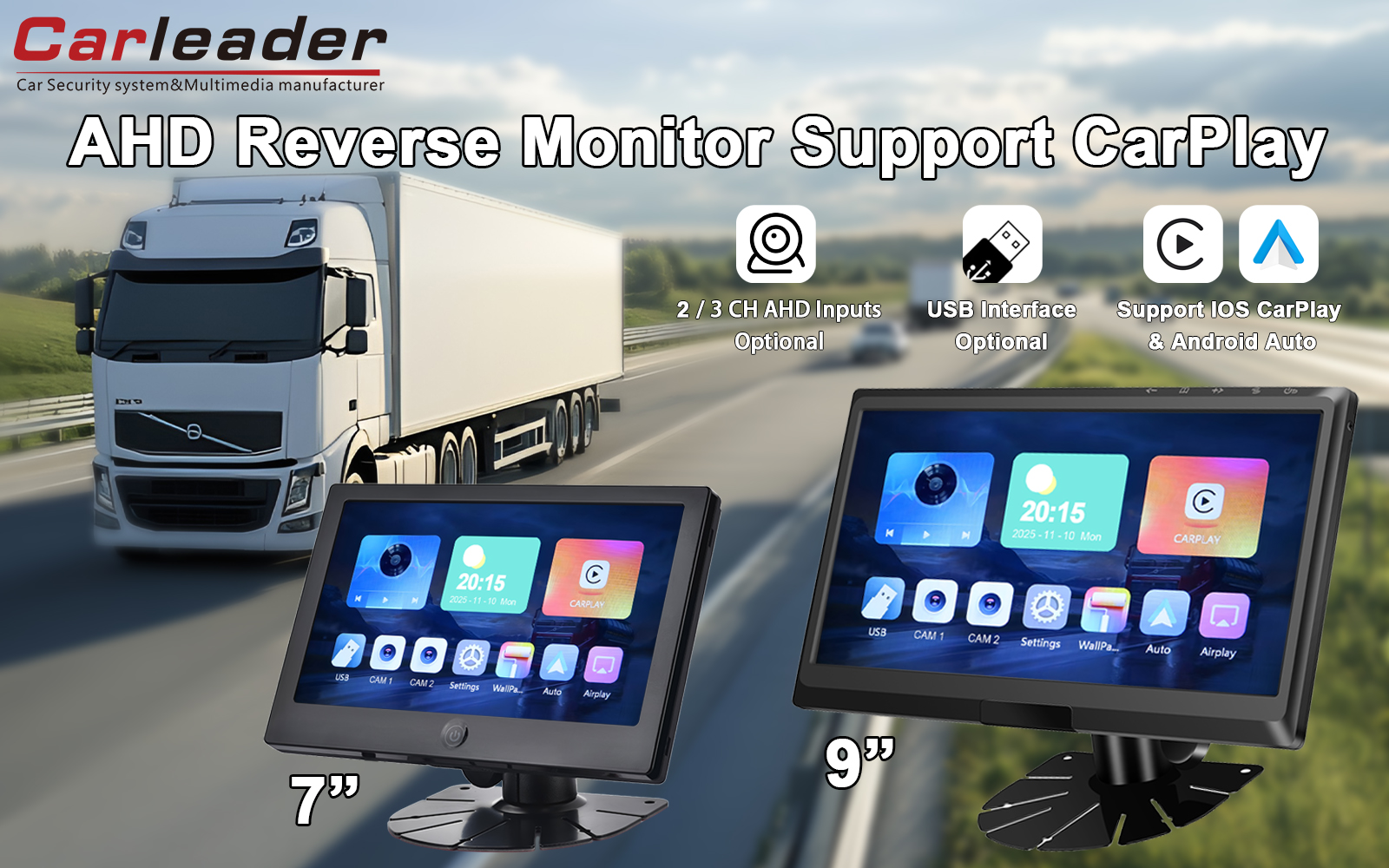 Carleader 9 Inch IPS 2AV AHD Vehicle Monitor Menyokong CarPlay Multimedia: Pintu Masuk Anda ke Pemanduan Lebih Pintar, Lebih Selamat